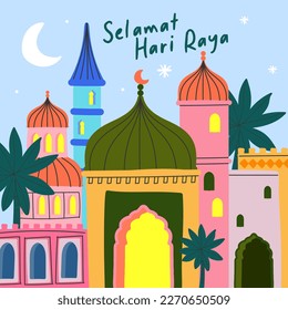 hari raya mosque greetings social media posting design template with malay words that mean 'happy hari raya'