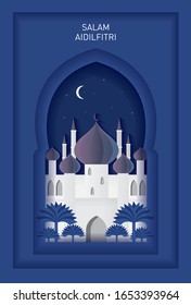 hari raya mosque paper cutting greeting card template vector.illustration with malay words that mean 'blessed aidilfitri'