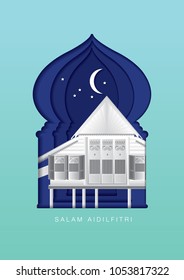 hari raya paper cut out traditional kampung house greetings template vector/illustration with malay words that mean 'aidilfitri greetings'
