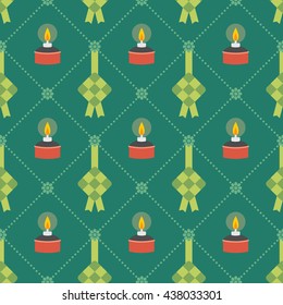 Hari Raya theme pattern. Ketupat (rice dumpling) and pelita (muslim oil lamp) on green background. Vector illustration.