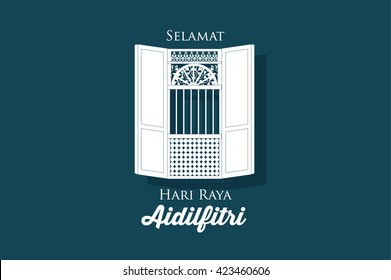 Hari Raya Village House/kampung Window Vector/illustration With Malay Words That Means Happy Eid