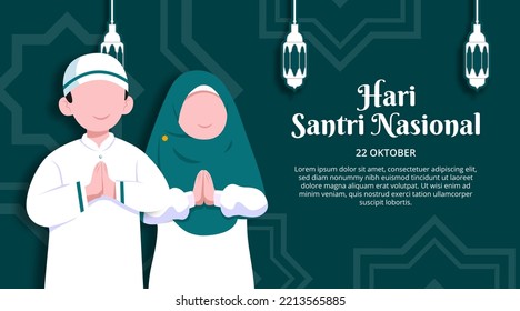 Hari Santri Nasional Or Indonesian National Muslim Student Day With Islamic Students And Decoration