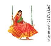 Hariyali Teej festival with woman swing, Vector Illustration.