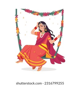 Festival Hariyali Teej con columpio femenino, Ilustración vectorial.