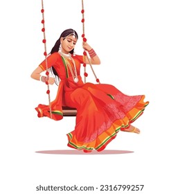 Hariyali Teej festival with woman swing, Vector Illustration.