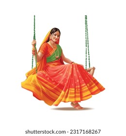 Hariyali Teej festival with woman swing, Vector Illustration.