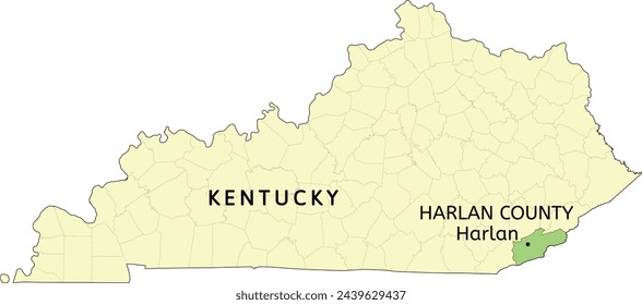 Harlan County and city of Harlan location on Kentucky state map