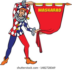 Harlequin with an advertis...r. Vector illustration.eps
