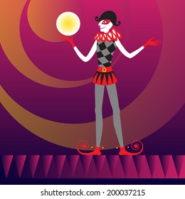 Harlequin with the ball in hand. Vector illustration. 
