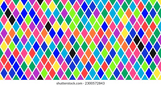 Harlequin bright multicolor seamless pattern. Argyle classic fabric design. Diamond or lozenge simple background. Joker geometric vector wallpaper. Venetian rhombus carnival ornament.