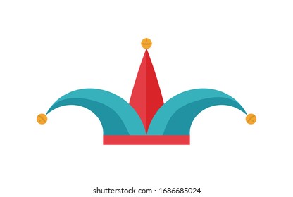 Harlequin cap. Joker hat with bells. Humor and tomfoolery for comedy performance. Isolated illustration on white background. Flat style. Vector stock image