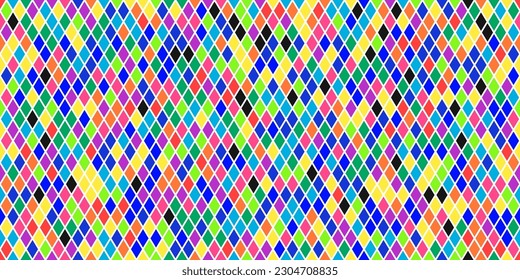 Harlequin carnival bright multicolor seamless pattern on white. Argyle fabric design. Diamond or lozenge simple background. Joker geometric vector wallpaper. Venetian rhombus ornament.