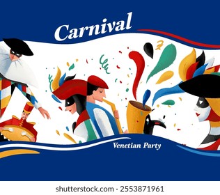 harlequin and carnival masks illustration with woman in mask and musician playing saxophone and drum