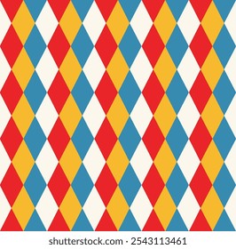 Harlequin circus seamless patterns in retro colors. . Geometric checkerboard pattern of rhombuses.