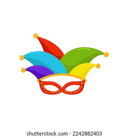 Harlequin clown mask with rainbow caps template. Cheerful festive accessory with yellow wig and red nose with glasses for humorous vector parties