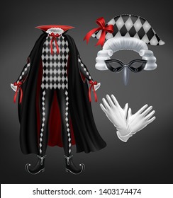 Harlequin costume with cape, starched wig, mask and white gloves isolated on black background. Carnival suit with rhombus pattern for venetian masquerade or party. Realistic 3d vector illustration