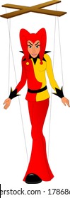 harlequin doll in red and yellow costume
