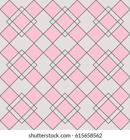 Harlequin geometric seamless patterns. Grey grid pattern with pink rhomboids. Vector background in abstract style