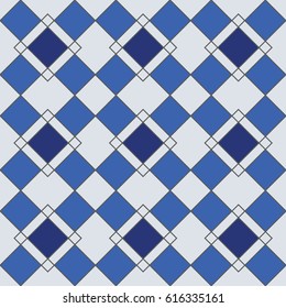 Harlequin geometric seamless patterns. Grey grid pattern with blue rhomboids. Vector background in retro abstract style
