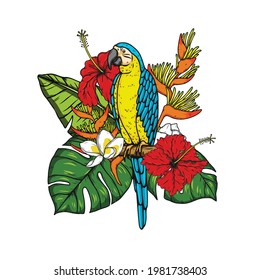 Harlequin Macaw with tropical leaves and flowers.Bird vector hand draw.Tattoo art.Illustration clip art.Graphic print on t-shirt