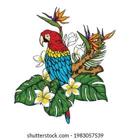 Harlequin Macaw with tropical leaves and flowers.Bird vector hand draw.Tattoo art.Illustration clip art.Graphic print on t-shirt