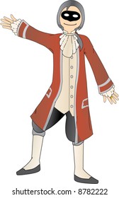Harlequin Man in Red Coat in presenting pose.