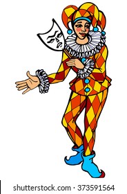 Harlequin with mask. Vector illustration.