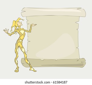 harlequin on the background of old or ancient scroll where any text can be placed