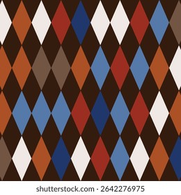 padrão de arlequim nas cores marrom, azul e vermelho.