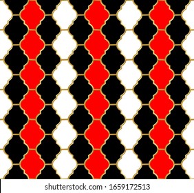 Harlequin pattern. Golden grid with black, white and red cells. Abstract seamless pattern for interior decoration, design packaging and textile etc. Vector illustration