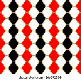 Harlequin pattern. Golden grid with black, white and red cells. Abstract seamless pattern for interior decoration, design packaging and textile etc. Vector illustration