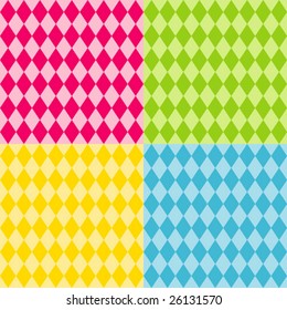 Harlequin Pattern Seamless Tiles: diamond shapes in bright colors. EPS includes four pattern swatches  that will seamlessly fill any shape.