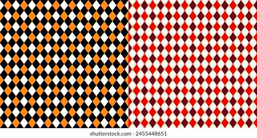 Harlequin patterns, rhombus lozenge pattern. Vector seamless ornaments in circus style with diamond-shaped motifs in contrasting colors. Repetitive tile design, print, carnival costume texture