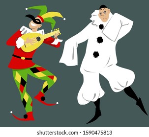 Harlequin and Pierrot of Commedia dell'arte characters, EPS 8 vector illustration