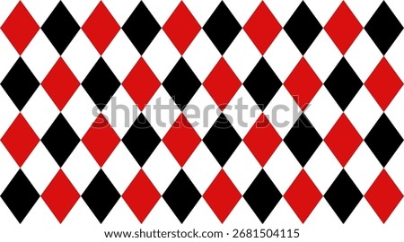 Harlequin red and black seamless pattern. Argyle classic fabric design texture. Diamond lozenge simple background. Joker geometric wallpaper bg. Venetian rhombus carnival ornament. Vector illustration