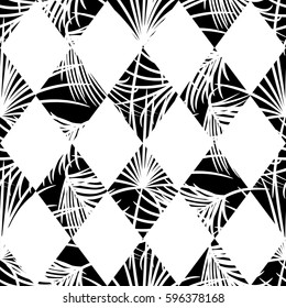 Harlequin rhombs and palm leaves seamless vector pattern on white background. Tropical jungle silhouette nature leaf.