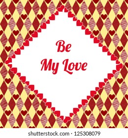 Harlequin Rhombus and Hearts in Red and Vanilla Colors, Valentine's Day Background, Frame with place for your text