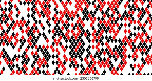 Harlequin nahtloses Muster in Schwarz-Rot-Farben. Argyle klassisches Stoffdesign. Diamant oder schlichter Hintergrund. Joker geometrische Vektorhintergrund. venezianisches karnevales Ornament im Rhombus.