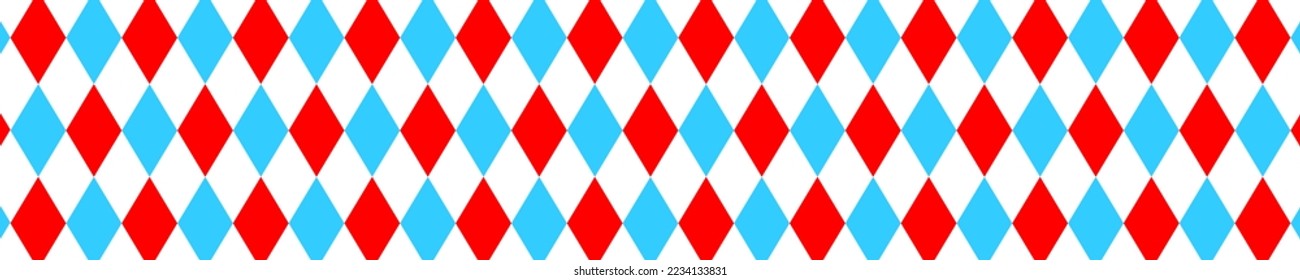 Harlequin seamless pattern. Blue, red and and white rhombus horizontal background. Circus, masquerade, carnival print. Clown, joker or jester costume ornament. Vector flat illustration