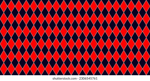 Harlequin seamless pattern in red, and dark blue with white dashed stroke. Argyle classic design. Diamond or lozenge simple background. Joker geometric vector wallpaper. Rhombus carnival ornament