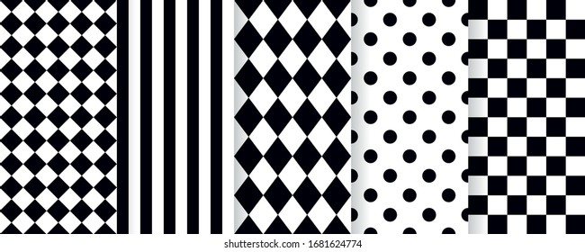 Harlequin seamless pattern. Vector. Circus black white background with rhombus, stripe, square, plaid and checkered. Grid tile texture. Geometric illustration.