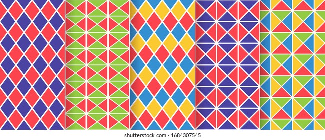 Harlequin seamless pattern. Vector. Circus background with rhombuses, triangles and squares. grid tile texture. Diamond print. Geometric illustration. 