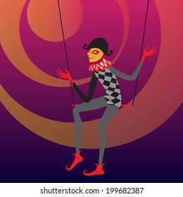 Harlequin sitting on a trapeze.Vector illustration. 