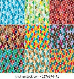 Harlequin's polychromatic mosaic patchwork, multi-colored seamless patterns, set of 9 colorful tiles.