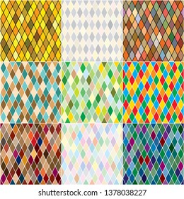 Harlequin's polychromatic mosaic patchwork, multi-colored seamless patterns, set of 9 colorful tiles.