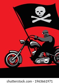 Harley Davidson. Hells Angels. A true biker. True freedom. Hard man on a stylish motorcycle with a black flag. Vector image for illustrations.