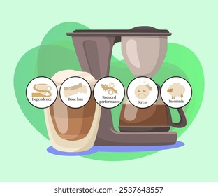 Harm of caffeine vector illustration. Coffee machine with dependance, bone loss, reduced performance, stress, insomnia warnings on white background. Refusal of caffeine, caffeine free menu concept