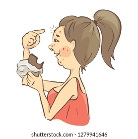 Harm of chocolate. The girl eats a lot of chocolate. Skin problems, acne. Vector illustration.