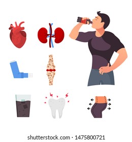 The harm of gzied drinks on the human body. Young man drinking soda and enjoy a cool drink concept.