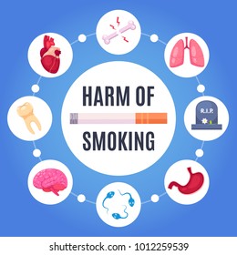 Harm of smoking round design concept with  human organs sensitive to disease from nicotine cartoon vector illustration   